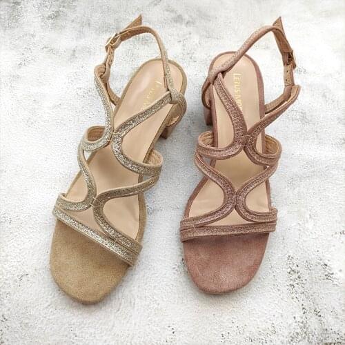 2020 Summer Roman Style Square Heels X Shape Design Medium Height Sandals Shining Decoration