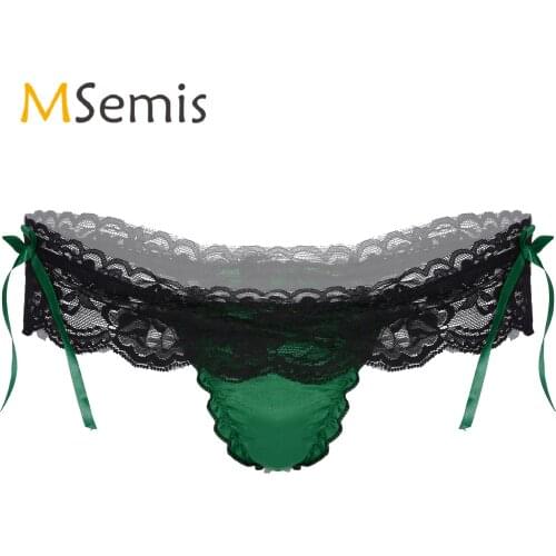 Mens Ruffled Lace Skirted Panties Patchwork G-string Bowknot Briefs Underpant T-back Low Waist Elastic Waistband Thong Underwear