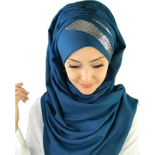 New Fashion Hijab 2021 Women Muslim Chiffon Hijab Islamic Women Hat Silver Sequin Sequined Detailed Petrol Blue Shawl