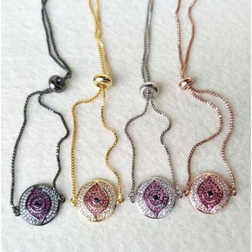 Wholesale 5 Pcs Micro pave CZ zircon Stone Evil Eye Round charm adjustable chain Macrame bracelets for women BG93