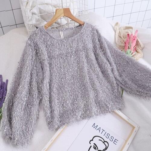 HISUMA Autumn Lantern Sleeve Women O-Neck Tassels Ruffles Basic Shirt Lady Bling Sequined Hollow Knitted Pullover Blouse Tops