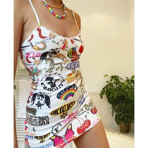 Retro Fun Graphic Full Print Streetwear short Dresses for Women Sexy Dress 2021 Summer New Ladies Bodycon Party Club Mini Dress