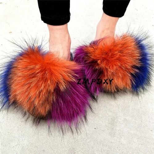 Womens Fluffy Raccoon Fur Slides Childrens/Kids Real Fox Fur Slippers Warm Plush Home Shoes Rainbow Flip Flops Female Sandals