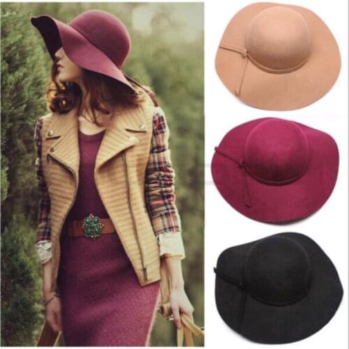 Retro Classic Women Fedora Bucket Sweet Caps Wide Brim Top Sun Hat Ladies Chapeu de Feltro Solid Fedoras