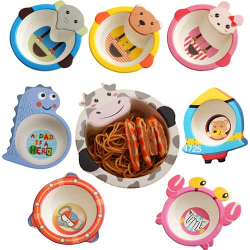 Baby Feeding Bowls Natural eco friendly Bamboo Fiber Children Plates Portable Cute Animal Toddler Cartoon Dishes Tableware