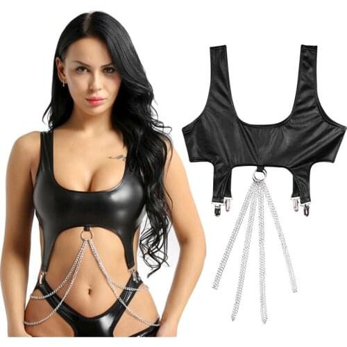 Gothic Sexy PU Tank Top Women Fashion Punk Style Chain Decoration Streetwear Cool Fitness Slim Female Black Casual Cropped Tops