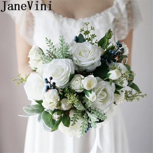 JaneVini Western Style Bride Flowers Vintage White Bridal Bouquet Artificial Bridesmaid Wedding Brooch Bouquet De Fleurs Blanche