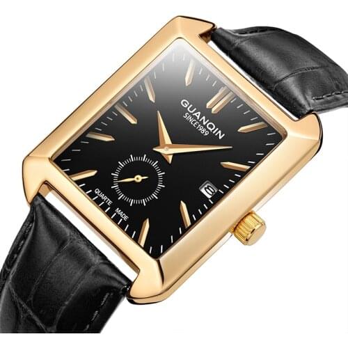 High end Men watch GUANQIN 2018 Fashion Rectangle Quartz Watch Calendar Small second dial Leather band Luxury Relogio masculino