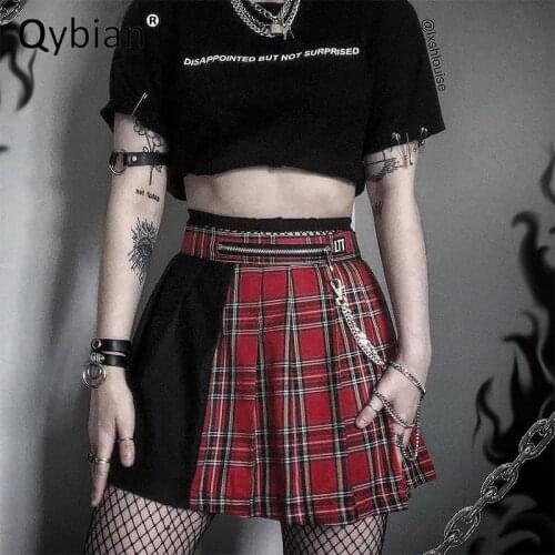 2021 Summer Gothic Patchwork Contrast Plaid Skirt Chain Pleated Skirt Fashion High Waist Skirt Harajuku Sexy Goth Skirt