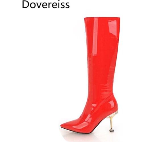 Dovereiss Fashion Womens Shoes Winter Zipper Elegant Concise sexy silver Mature Zipper Stilettos heels Knee high boots 43