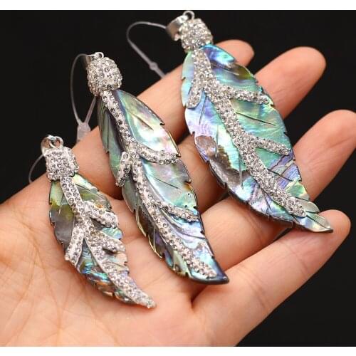 Natural Abalone Shell Pendant Leaf Shape Diamon-Studded Necklace Pendant Charms for Women Jewelry Making DIY Necklace Gift