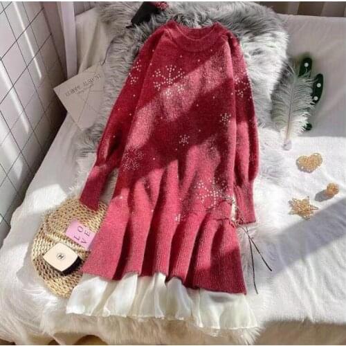 Winter Geometric Dress Women Knitting Oversize Autumn Thick Midi Dress Warm Long Sleeve Fashion Sweater