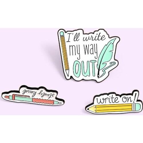 1pc Cartoon Stationery Enamel Pins Custom Feather Pen Quill Pen Jacket Lapel Pins Pencil Brooches Jewelry For Writer Students