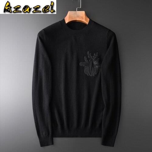 Azazel 100% Wool Mens Sweaters Luxury Embroidery Round Collar Sweater Man Winter Plus Size 4xl Slim Fit Simple Sweater Male