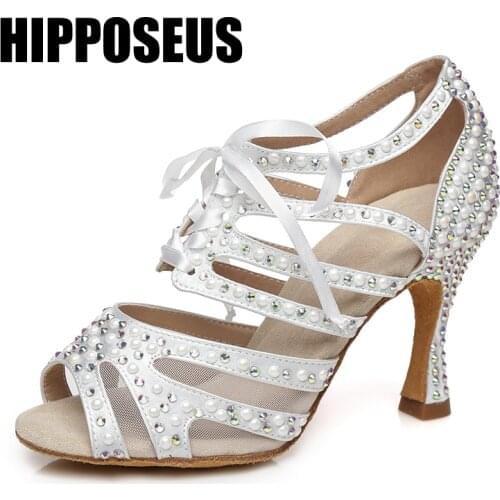 Hipposeus Ballroom Girls Dance-Shoes Women Latin Dance Shoe Ladies Modern Tango Dancing Shoes Rhinestone Salsa Sandals Mesh