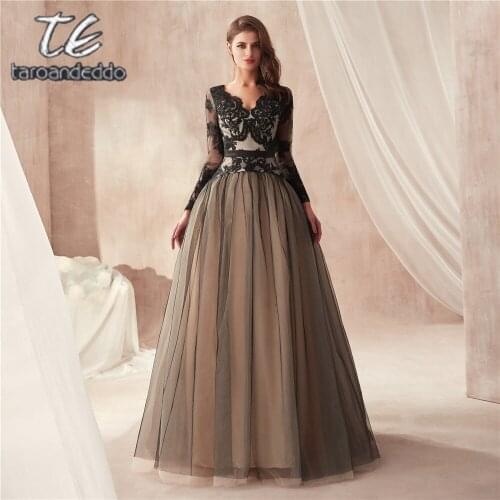Black and Nude A-line Illusion Long Sleeves Lace Bodice Tulle Skirt Keyhole Open Back Prom Gowns Victorian Gothic Evening Gowns