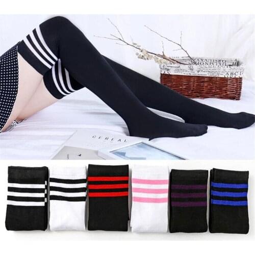 Women Girls Kawaii Lolita Cotton Long Striped Thigh High Stocking Football Socks Student School Fashion Cute Over Knee Socks