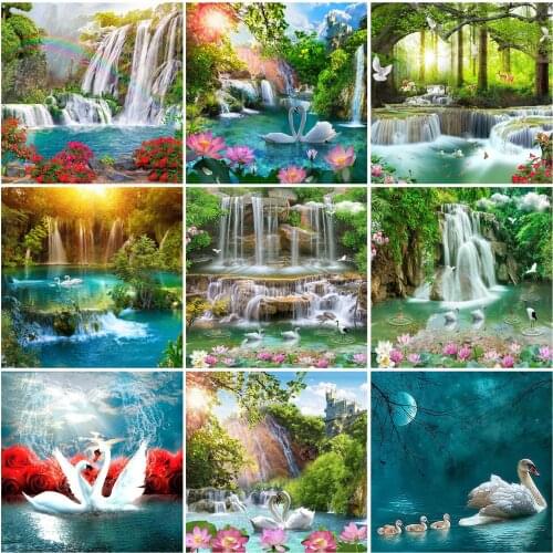 DIY Diamond Painting Waterfall Mosaic Landscape 5D Diamond Embroidery Swan Tree Wall Art Rhinestones Pictures