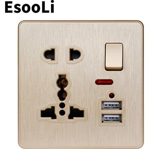 EsooLi Gold Wall Power Socket 13A UK Standard Switched Outlet 2.1A Dual USB Fast Charger Port LED indicator Curved surface