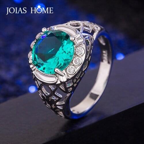 Joiashome Genuine 925 Sterling Silver Ring With Round Shape Emerald Gemstones For Women Christmas Gift Wedding Party Size 6-10