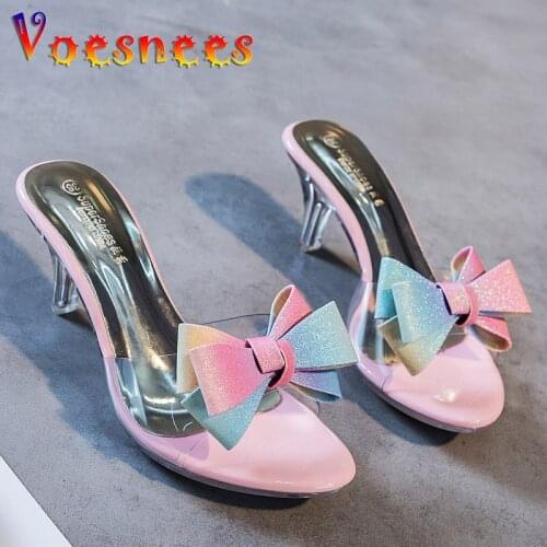 Summer New Women Slippers High Heel 6.5CM Bling Butterfly-Knot Women Casual Shoes Mules PVC Transparent Open Toe Female Sandals