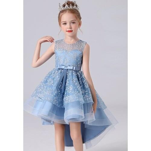 Lovely Embroidery Bridesmaid dress For Children Lace Tulle Child Evening Dress Tail Puffy Dresses For Girls Ball Gown Prom 4 12y