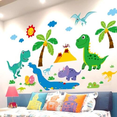 Cartoon Dinosaur Animals Wall Stickers DIY Coconut Tree Wall Decals for Kids Room Baby Bedroom Children Nursery Home Decoration