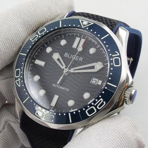 BLIGER Black Sapphire Glass 41mm Automatic Mens Watch With Date Window Rubber Strap 21 Jewels MIYOTA 8215 Ceramic Insert