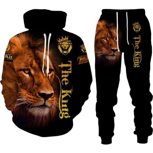 2021 Autumn Winter Sets The Lion King 3D Printed Mens Hooded Sweater Set Mens Sportswear Tracksuit Long Sleeve Mens Clothing