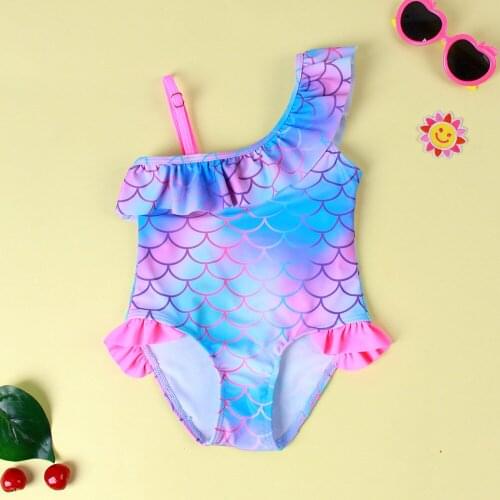 2021 new girl swimsuit Childrens baby fish scale print lotus leaf edge gradient hot spring swimwear