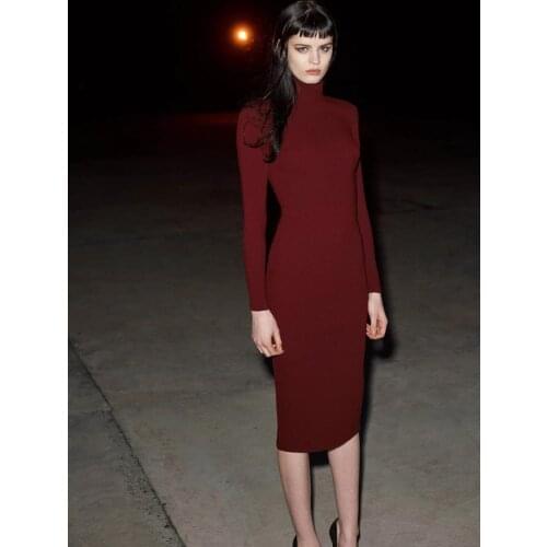 Autumn Winter Bandage Dress Long Sleeve High Neck Zipper Mid Calf Women Winter Dresses New Fashion 2020