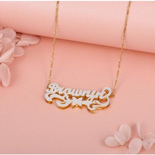 3UMeter Custom Nameplate Necklace Double Layer Two Tone with Stars Gold Plated Personalized Name Necklace Women Gift Jewelry