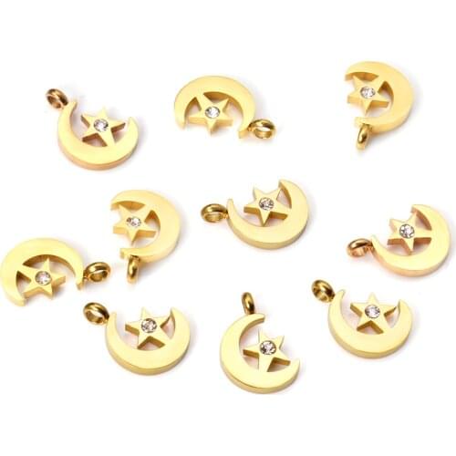 ASON 10pcs/Lot Gold Color Stainless Steel Moon and Star Pendant with Cubic Zirconia for Bracelet Necklace Charms Jewelry Making