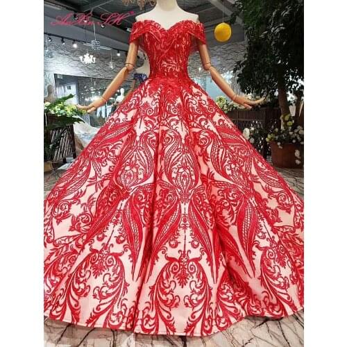 AnXin SH Luxury princess red flower lace beading crystal pearls boat neck sparkly ball gown red wedding dress 100% real photo