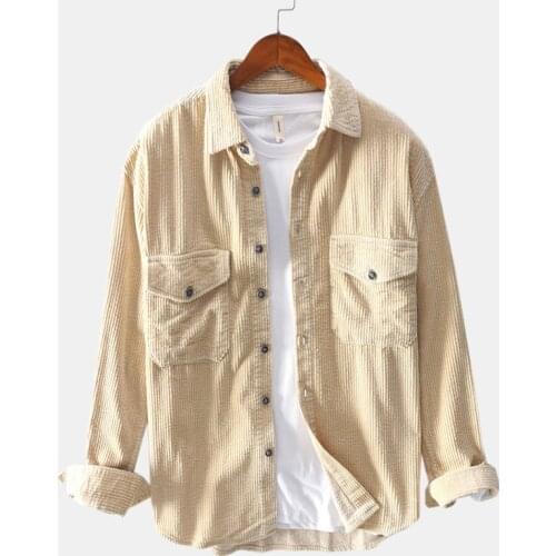 Men‘s Winter Long Sleeve Corduroy Turndown Collar Double Pockets Shirts Premium Casual Top Blouse Shirts Streetwear Slim Male