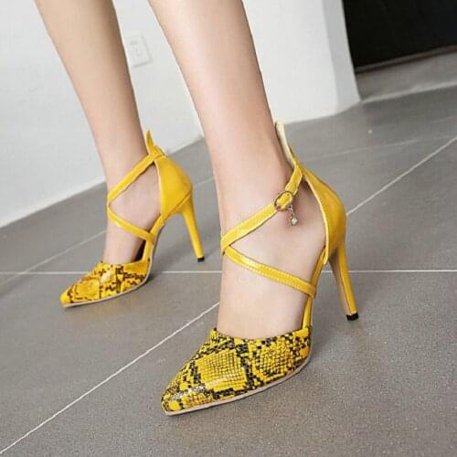 Sianie Tianie Sexy Pointed Toe Snake Skin Print Luxery Shoes Women Super Thin High Heels Cross Strap Gladiators Party Sandals