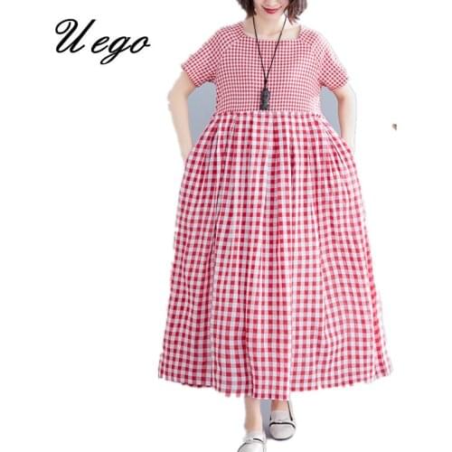 Uego Short Sleeve Loose Summer Dress Cotton Linen Patchwork Plaid Preppy Style Dress Plus Size Women Casual Long Dress Vestidos
