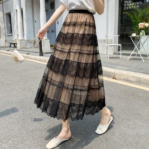 2021 Summer French Lace Mesh Skirt New Elastic High Waist Slimming Casual Simple Loose Women A-line Long Skirt Free Shipping