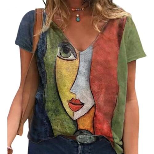 Women T-shirt Cartoon Print Y2K Style Streetwear V Neck Loose Pullover Women Blouses Fit Vintage Floral Print Shirts for Dating