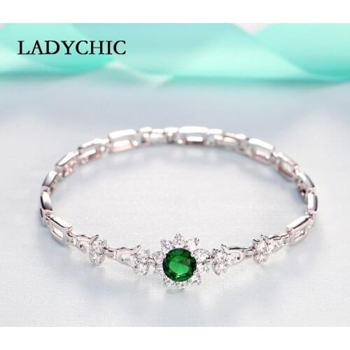 LADYCHIC Romantic Crystal Flower Bracelets for Women Fashion Silver Color Austrian Green & Purple Zircon Bangles Jewelry LB1003