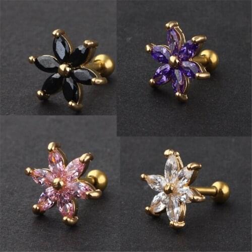 1Piece New Gold Color Stainless Steel Flowers Crystal Stud Earrings for Women Helix Ear Piercings Female Fashion Jewelry