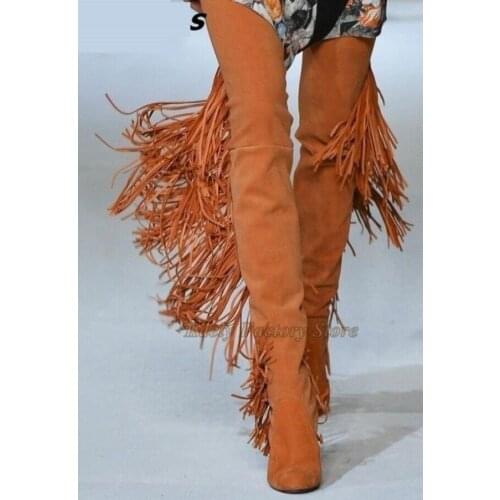 Yellow Suede Leather Luxury Over The Knee Tassel Long Boots High Heel Shoes Women Gladiator Fashion Thigh High Boot Plus Size