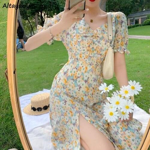 Dress Women Summer Sexy Fashion Puff Sleeve Floral High Split Long Vestdio Vintage Korean Style Elegant Casual Romantic Party