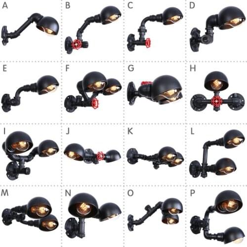 A-K) 220v Water Pipe Wall Lamp Retro Industrial Black Bedroom indoor Decoration Iron Single/Double Sconce Wall Light Fixture