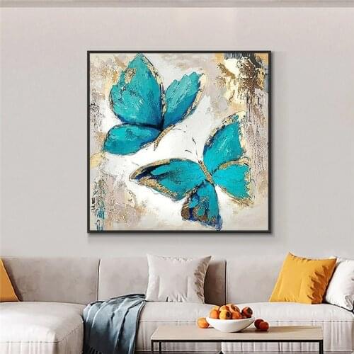 Abstract Blue Butterflies with Gold Foil Canvas Painting Modern Posters and Prints Wall Art Pictures for Living Room Home Decor