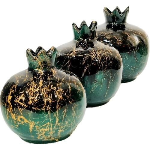 Trinket Pomegranate Marble Pattern 3 Pcs Tile Pomegranate Set Black & Emerald green Tones Ornaments Decoration Products Pomegranate Rumman trinket