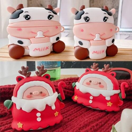 For Airpods Pro 3D Cartoon milk cow Case for Apple Airpods 1 2 3 cases Christmas elk pig Wireless Earphone Cover Charging Box