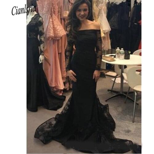 Black Lace Mermaid Prom Dresses Long Sleeves Bateau Neck Formal Party Gowns Zipper Back Dresses Evening Wear