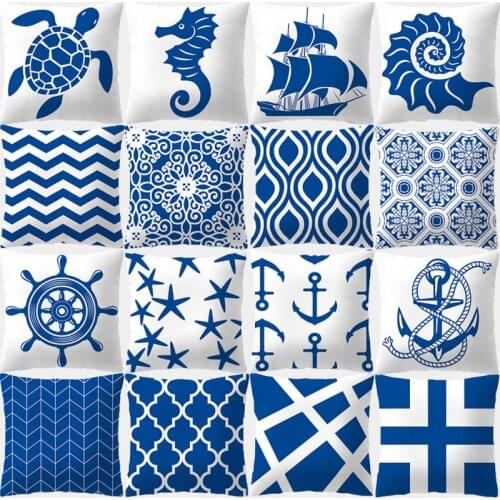 Decorative Pillow Cover 45x45 Blue Geometry Cushion Cover Polyester Ocean Decoration Pillowcase Sofa Cushions Home Decor