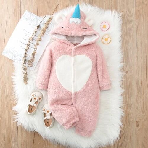 PatPat 100% Cotton 3D Unicorn Long-sleeve Hooded Plush Baby Jumpsuits